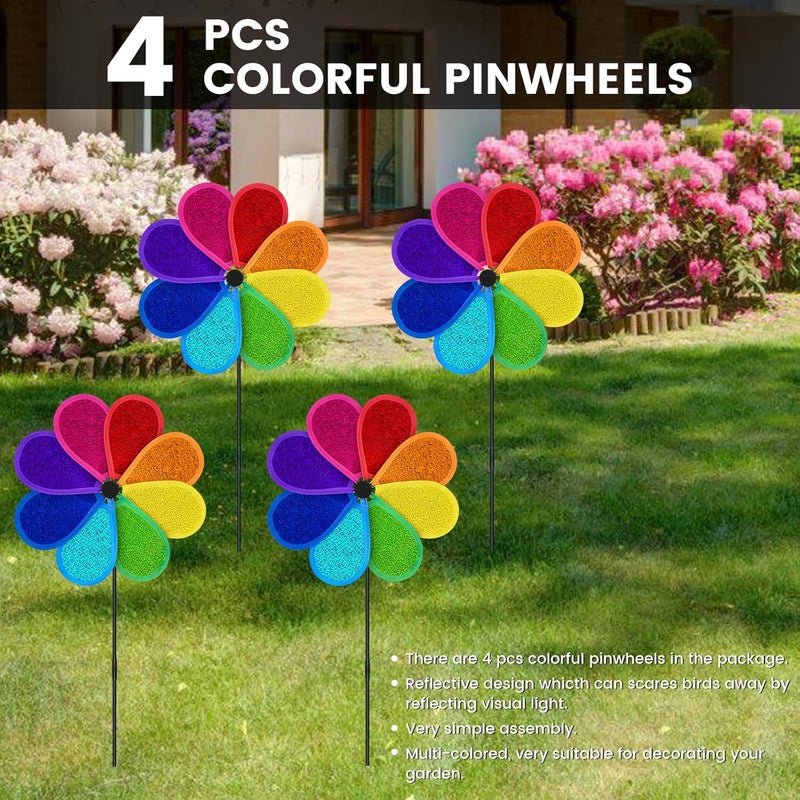 DECEED 4 PCS 11.4" W x 28" H Reflective Pinwheels Sparkly Lawn Wind Spinners Colorful Rainbow Windmill for Garden Decoration Bird Devices Deterrent to Scare Birds Away（Multicolor） - Image 2